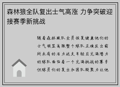森林狼全队复出士气高涨 力争突破迎接赛季新挑战