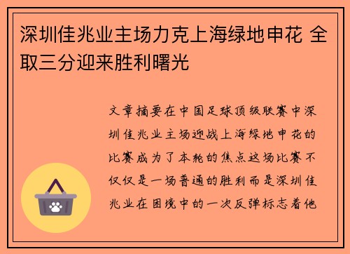 深圳佳兆业主场力克上海绿地申花 全取三分迎来胜利曙光