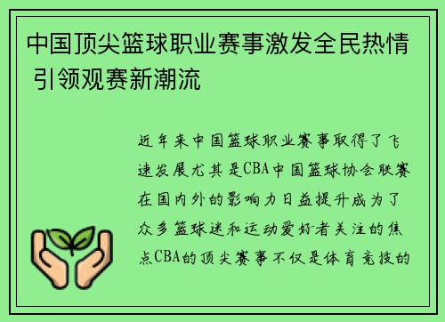 中国顶尖篮球职业赛事激发全民热情 引领观赛新潮流