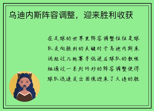 乌迪内斯阵容调整，迎来胜利收获