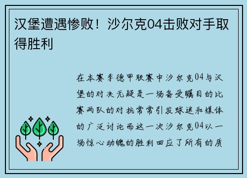 汉堡遭遇惨败！沙尔克04击败对手取得胜利