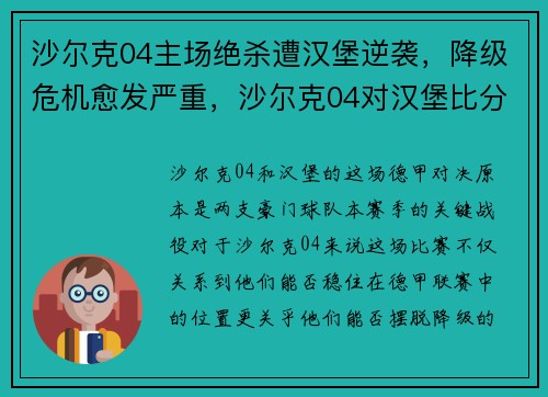 沙尔克04主场绝杀遭汉堡逆袭，降级危机愈发严重，沙尔克04对汉堡比分预测