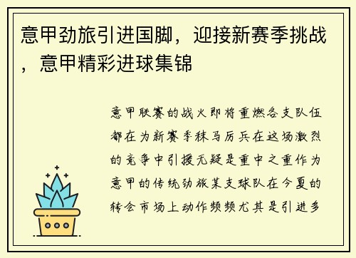 意甲劲旅引进国脚，迎接新赛季挑战，意甲精彩进球集锦