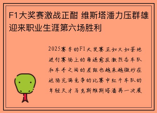 F1大奖赛激战正酣 维斯塔潘力压群雄迎来职业生涯第六场胜利