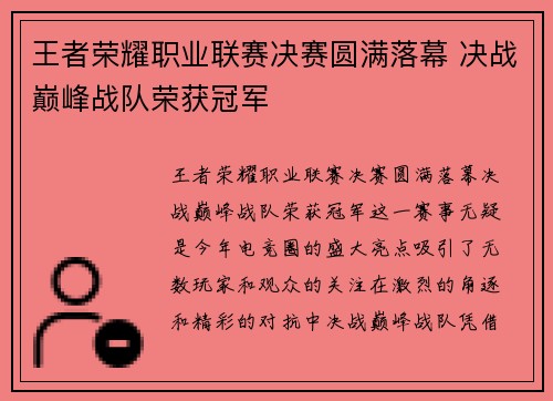 王者荣耀职业联赛决赛圆满落幕 决战巅峰战队荣获冠军