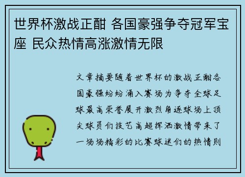 世界杯激战正酣 各国豪强争夺冠军宝座 民众热情高涨激情无限