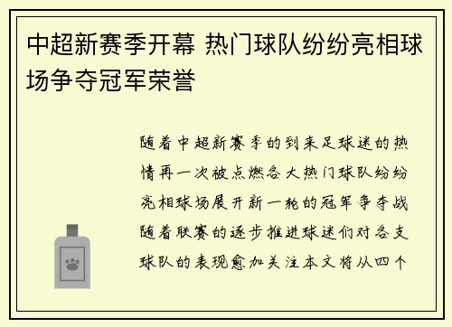 中超新赛季开幕 热门球队纷纷亮相球场争夺冠军荣誉