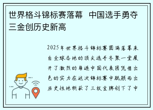 世界格斗锦标赛落幕  中国选手勇夺三金创历史新高