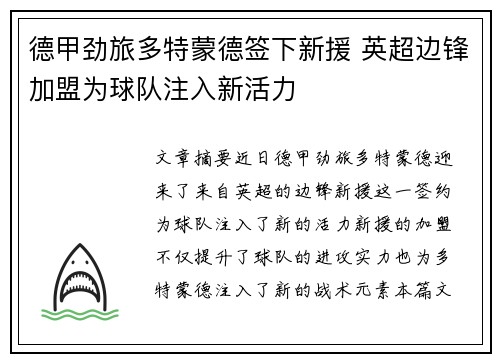 德甲劲旅多特蒙德签下新援 英超边锋加盟为球队注入新活力